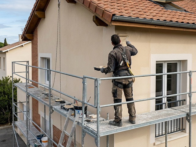 Artisan de Sos Couvreur réalisant un ravalement de façade et une peinture extérieure à Lafrançaise